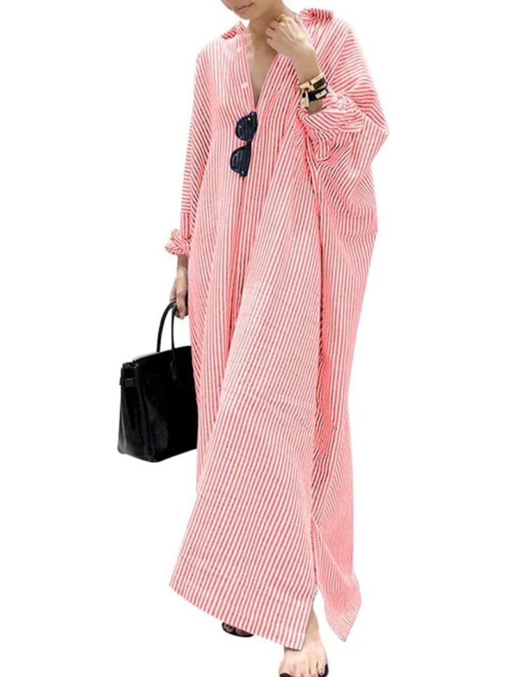 Casual Long Sleeve Striped Cotton Maxi Shirt Dress - Loose Fit, Perfect for
